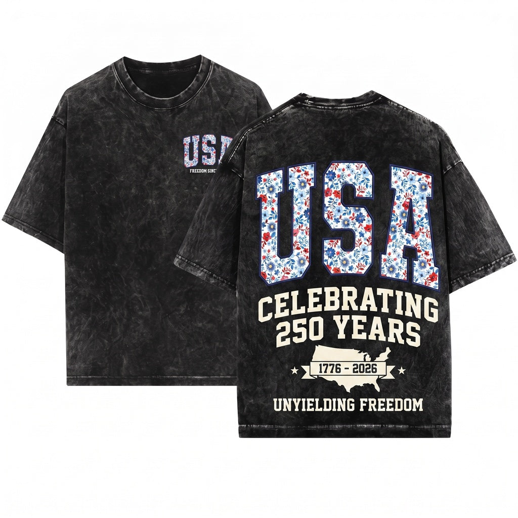 USA 250 Years Of Freedom Patriotic Floral Varsity Unisex Wash T-Shirt