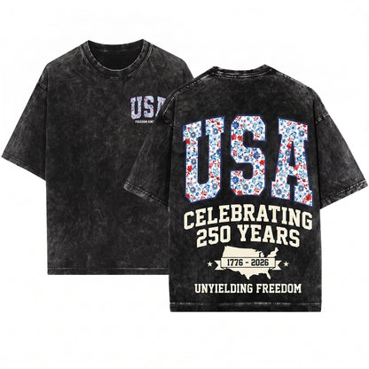 USA 250 Years Of Freedom Patriotic Floral Varsity Unisex Wash T-Shirt
