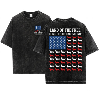 Dachshund American Flag Patriotic Wiener USA Distressed Doxie 4th Of July Funny Sausage Dog Gift Unisex Wash T-Shirt