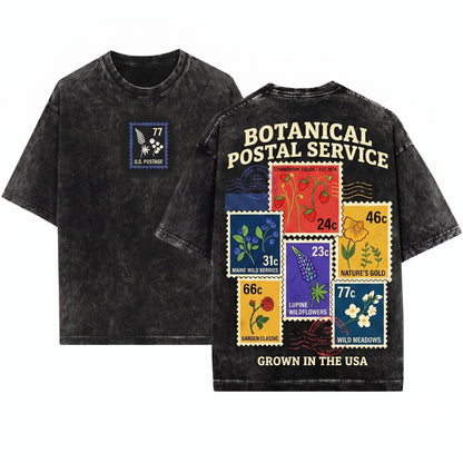 Vintage Garden Floral Stamp Graphic Print Unisex Wash T-Shirt