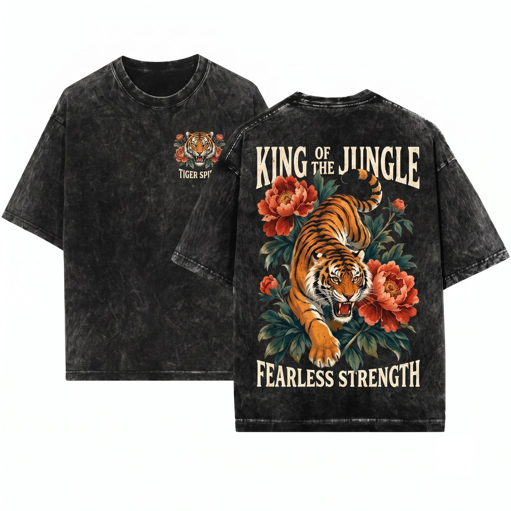 Vintage Tiger Peony Floral Graphic Wildlife Botanical Nature Lover Gift Unisex Wash T-Shirt