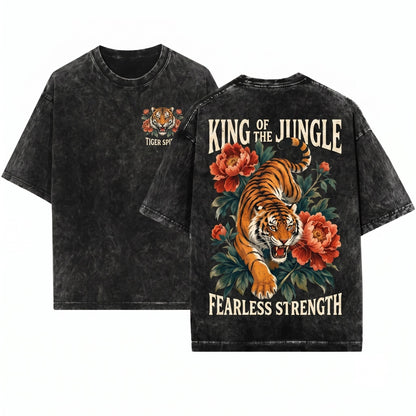 Vintage Tiger Peony Floral Graphic Wildlife Botanical Nature Lover Gift Unisex Wash T-Shirt
