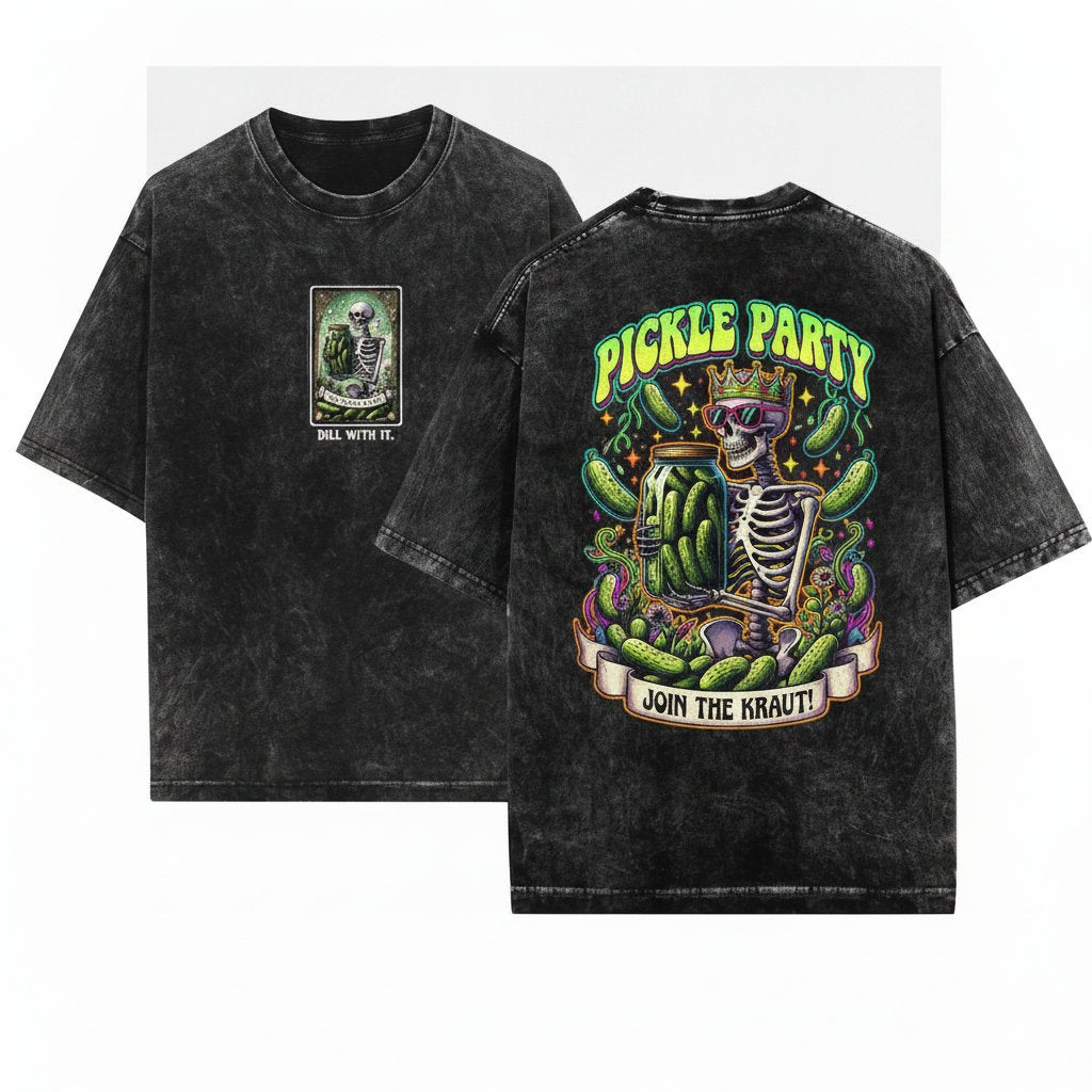 Vintage Tarot Pickle Skeleton Jar Lover Graphic Unisex Wash T-Shirt