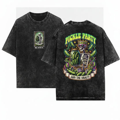 Vintage Tarot Pickle Skeleton Jar Lover Graphic Unisex Wash T-Shirt