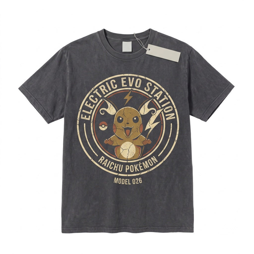 Vintage Wash Electric Rodent Evolution Graphic Anime Double-Sided Retro Oversized Gamer Cotton Apparel Unisex TShirt