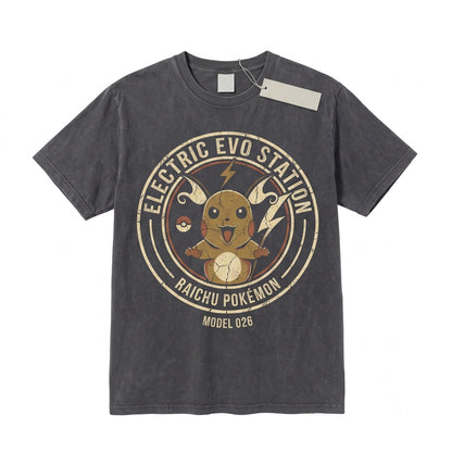 Vintage Wash Electric Rodent Evolution Graphic Anime Double-Sided Retro Oversized Gamer Cotton Apparel Unisex TShirt