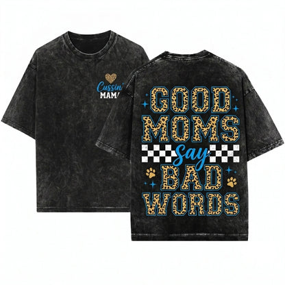 Leopard Good Moms Say Bad Words Funny Edgy Mama Mothers Day Sublimation Checkered Quote Design Unisex Wash T-Shirt