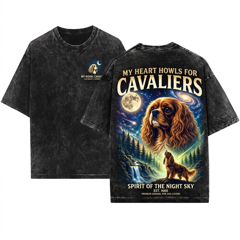 Ruby Cavalier King Charles Spaniel Vintage Howling Moon 90s Retro Animal Silly Graphic Unisex Wash T-Shirt
