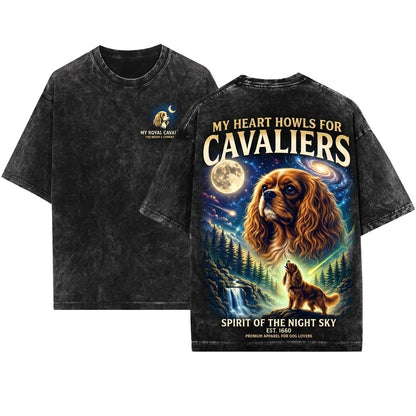 Ruby Cavalier King Charles Spaniel Vintage Howling Moon 90s Retro Animal Silly Graphic Unisex Wash T-Shirt