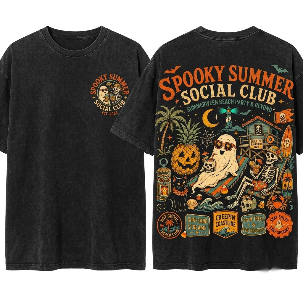 Spooky Summerween Beach Ghost Skeleton Pumpkin Retro Surf Graphic Unisex Wash T-Shirt