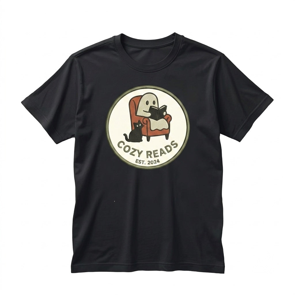 Embroidered Reading Ghost Bookish Spooky Halloween Cozy Ghostcore Reader Gift Unisex TShirt
