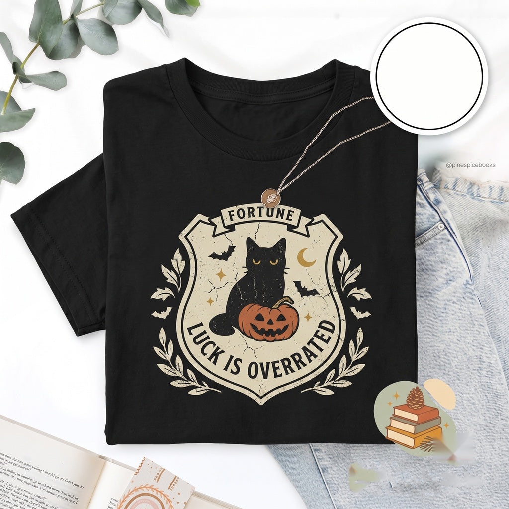 Luck Is Overrated Embroidered Black Cat Cute Spooky Halloween Funny Autumn Boo Basket Gift Unisex TShirt