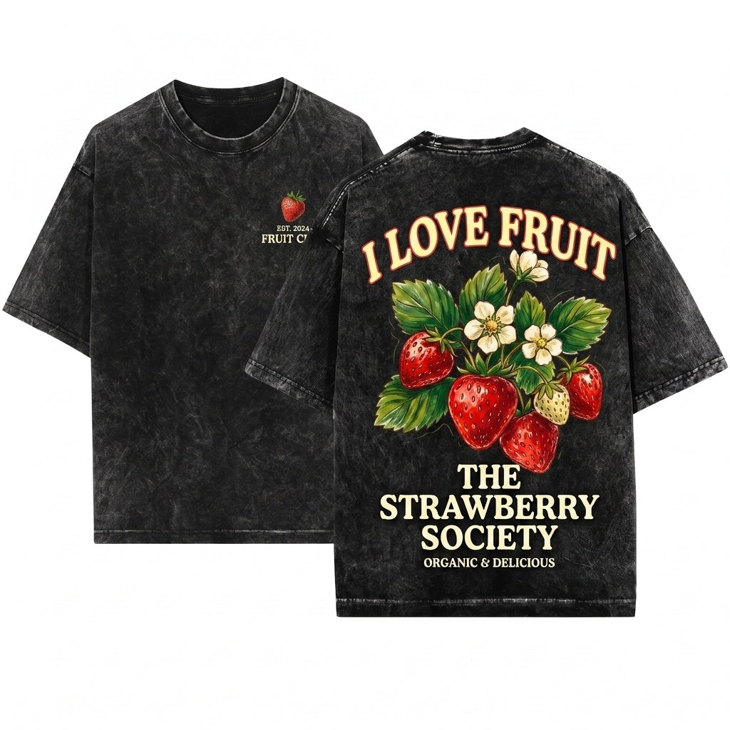 Vintage Botanical Strawberry Fruit Club Graphic Print Unisex Wash T-Shirt