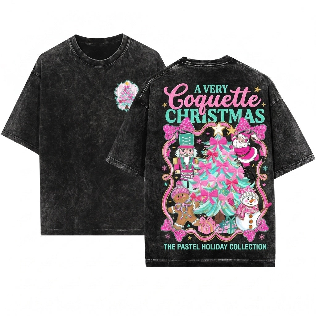 Glitter Pink Gingerbread Snowman Santa Nutcracker Coquette Tree Candy Christmas PNG Bundle Graphic Unisex Wash T-Shirt