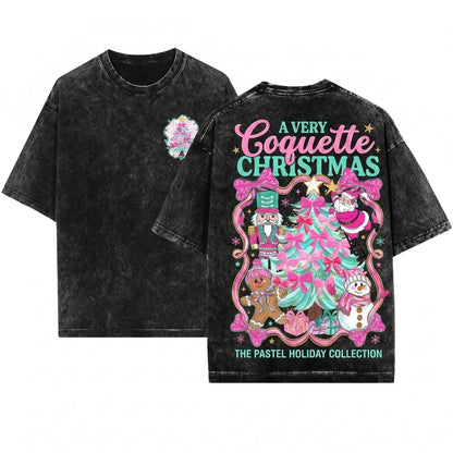 Glitter Pink Gingerbread Snowman Santa Nutcracker Coquette Tree Candy Christmas PNG Bundle Graphic Unisex Wash T-Shirt