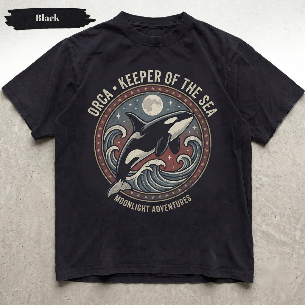 Orca Whale Full Moon Ocean Graphic Vintage Killer Marine Life Lover Night Sea Gift Unisex TShirt