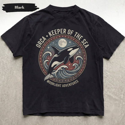 Orca Whale Full Moon Ocean Graphic Vintage Killer Marine Life Lover Night Sea Gift Unisex TShirt