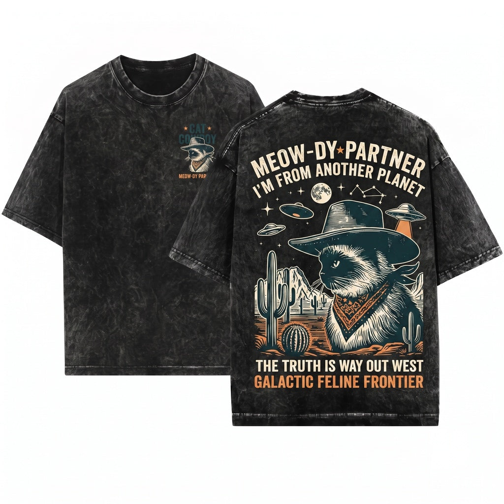 Vintage Western Cowboy Retro Alien Cat Lover Gift Ragdoll Mom Dad Unisex Wash T-Shirt