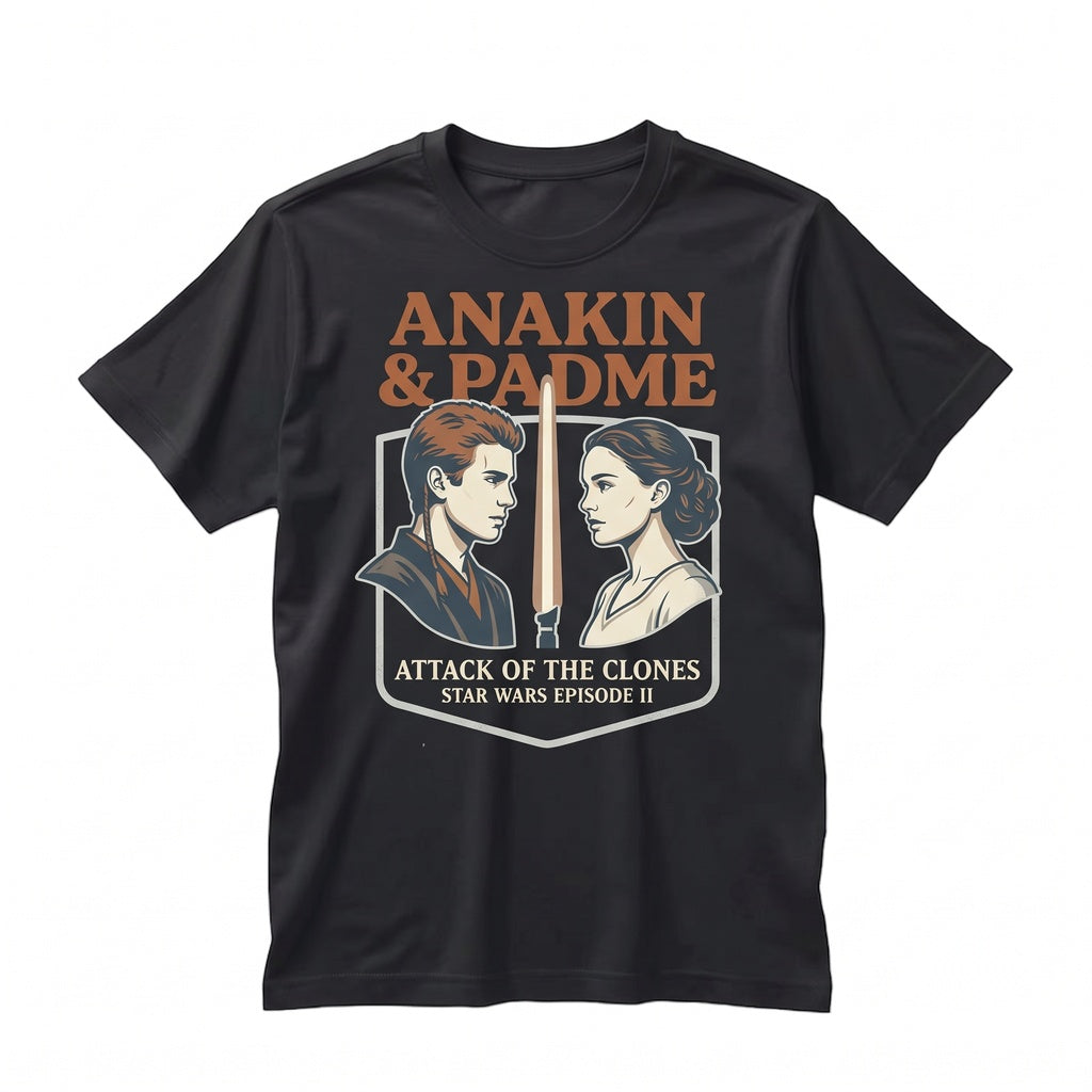 Vintage Attack of The Clones Anakin and Padme Movie Poster Graphic Sci-Fi Prequel World Trip Fan Apparel Unisex TShirt