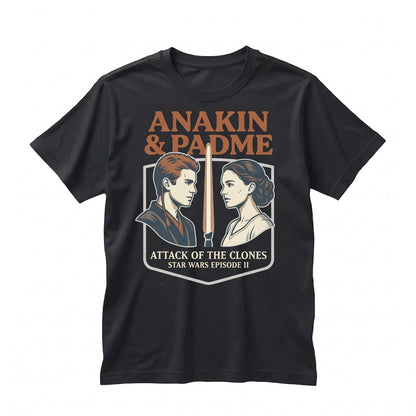 Vintage Attack of The Clones Anakin and Padme Movie Poster Graphic Sci-Fi Prequel World Trip Fan Apparel Unisex TShirt