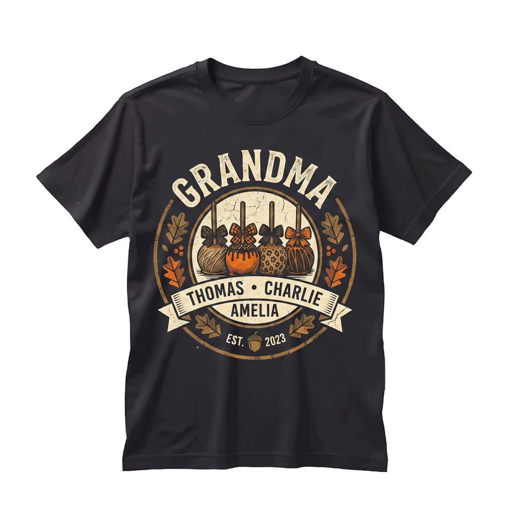 Personalized Grandma Caramel Candy Apple Autumn Coquette Vintage Graphic Customized Kids Name Gift Unisex TShirt