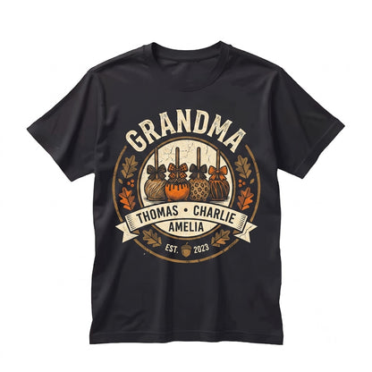 Personalized Grandma Caramel Candy Apple Autumn Coquette Vintage Graphic Customized Kids Name Gift Unisex TShirt