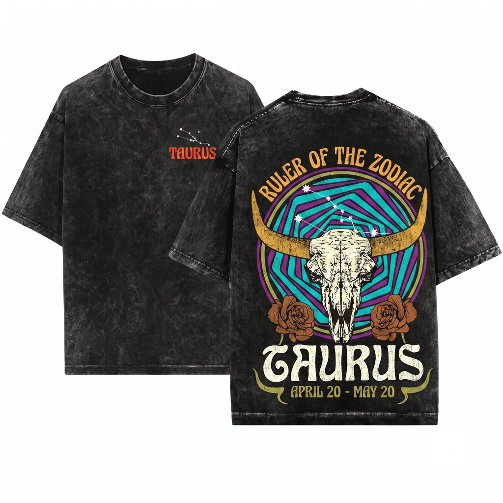 Taurus Zodiac Vintage Celestial Astrology Graphic Unisex Wash T-Shirt
