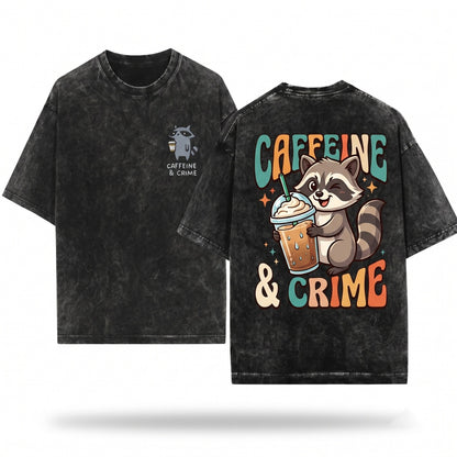 Caffeine Crime Raccoon Embroidered Coffee Funny True Bookish Gift Cozy Unisex Wash T-Shirt