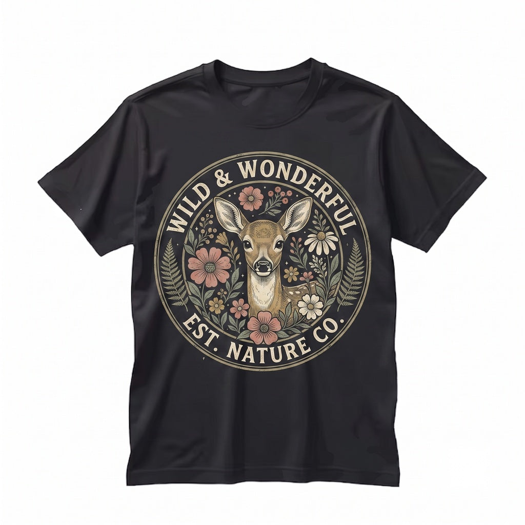 Moss Green Distressed Fawn Deer Floral Graphic Print Cotton Crewneck Unisex TShirt