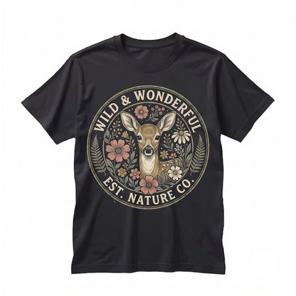 Moss Green Distressed Fawn Deer Floral Graphic Print Cotton Crewneck Unisex TShirt