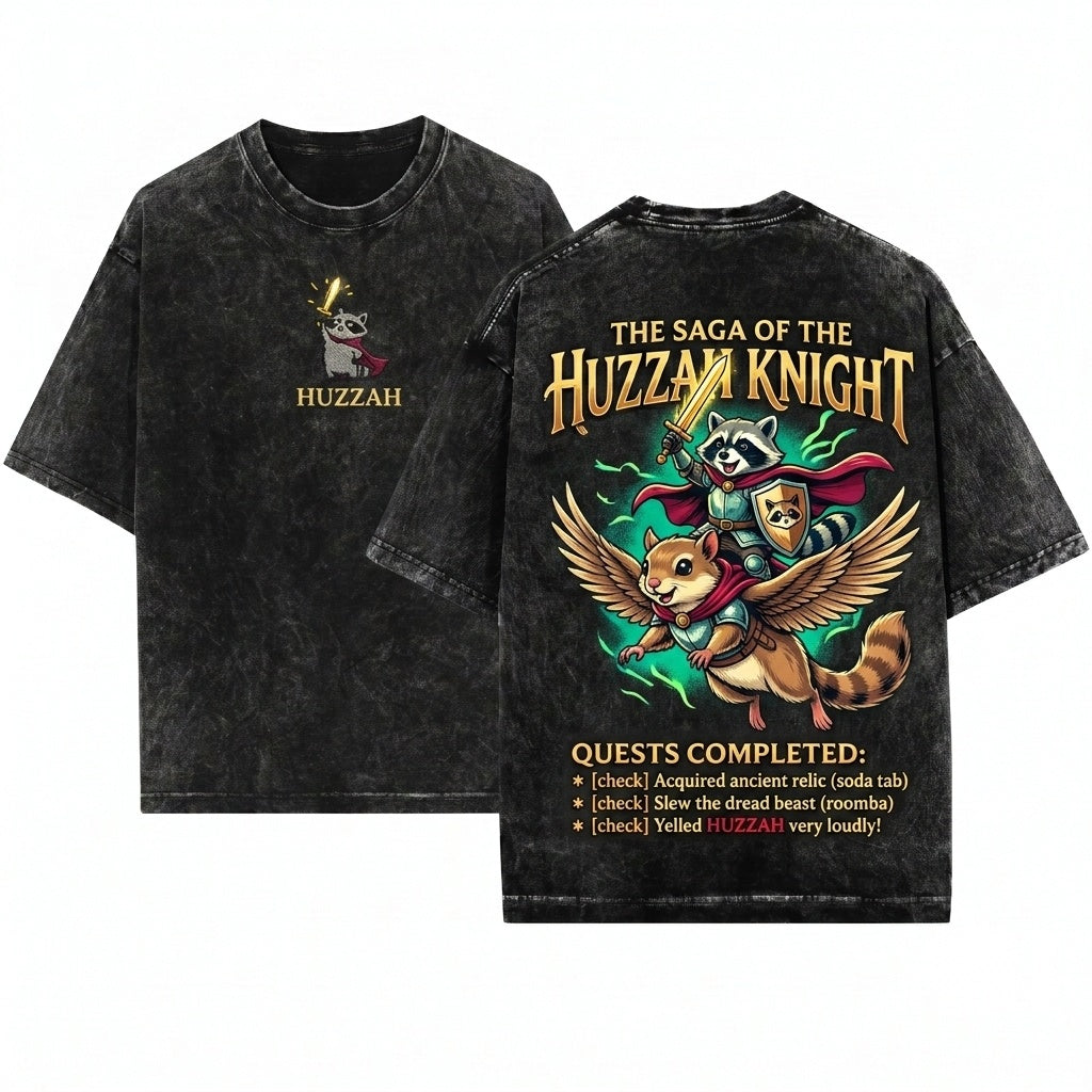 Huzzah Raccoon Embroidered Medieval Crewneck Funny Ren Faire DnD Chaotic Good Gamer Gift Unisex Wash T-Shirt