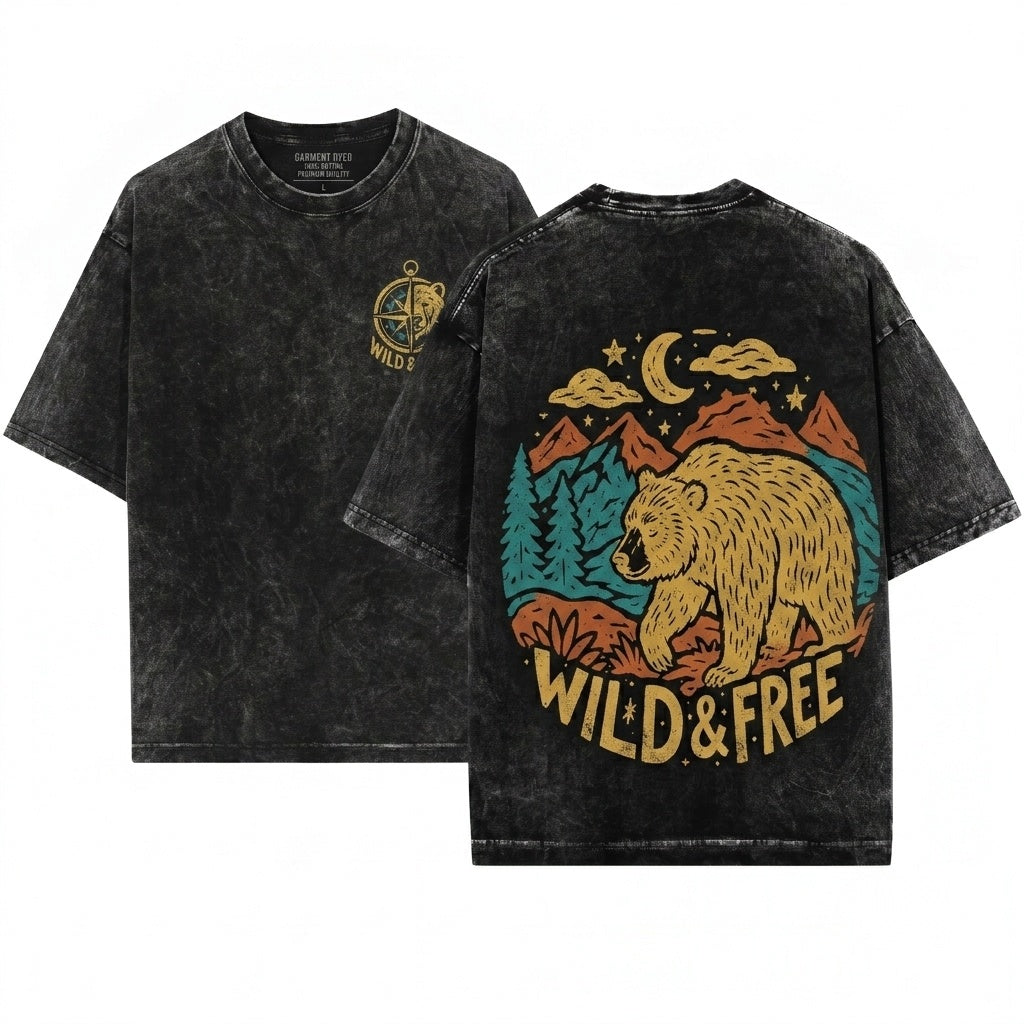 Vintage Rustic Mountain Grizzly Bear Outdoor Adventure Graphic Apparel Unisex Wash T-Shirt