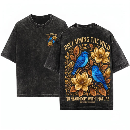 Classic Blue Bird Floral Graphic Golden Botanical Garden Elegant Cottagecore Nature Birdlover Gift Unisex Wash T-Shirt