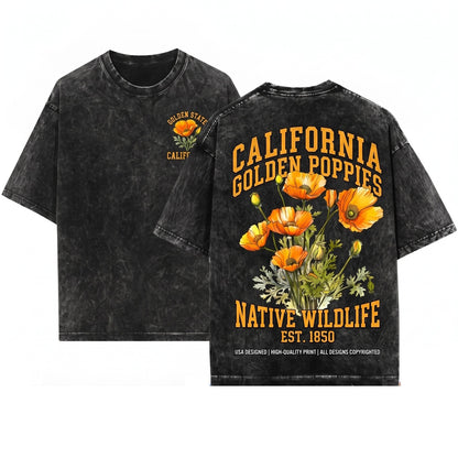 California State Golden Poppy Floral Botanical Gardening Travel Gift Mother Girlfriend Unisex Wash T-Shirt