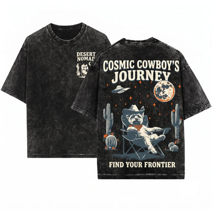 Vintage Western UFO Yorkie Retro Cowboy Wild West Dogfulness Gift for Moms Dads Unisex Wash T-Shirt