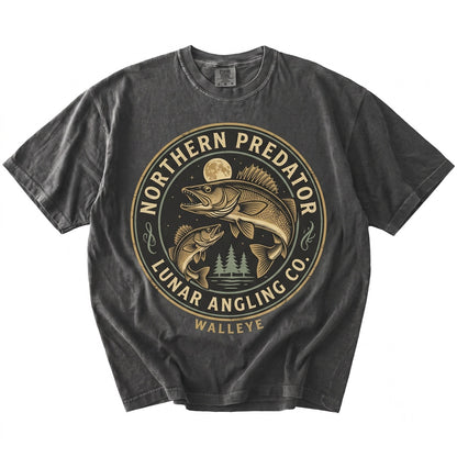 Walleye Fish Howling at Full Moon Graphic Vintage 90s Retro Funny Angler Gift Unisex TShirt