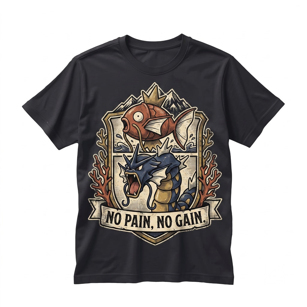 Retro Anime Fish Dragon Evolution No Pain Gain Fitness Workout Gamer Gift Graphic Apparel Unisex TShirt