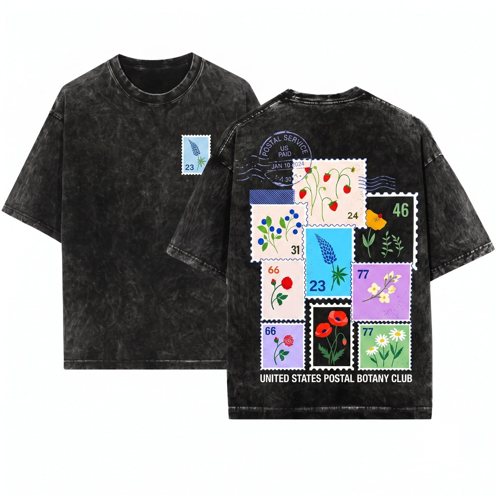 Vintage Garden Floral Stamp Graphic Print Unisex Wash T-Shirt
