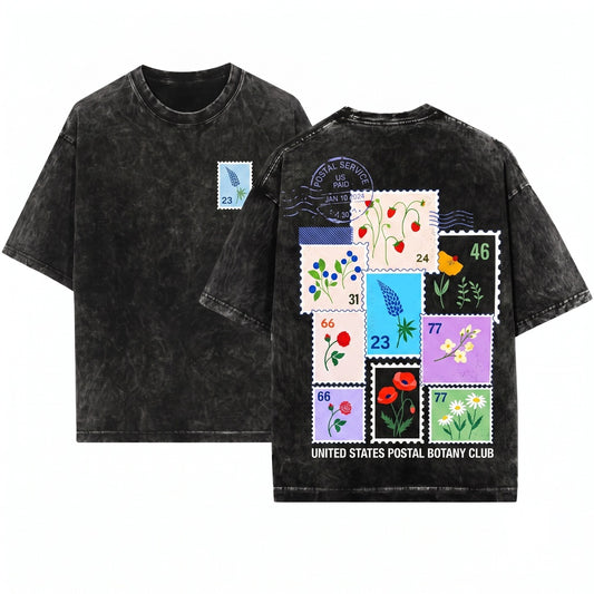 Vintage Garden Floral Stamp Graphic Print Unisex Wash T-Shirt