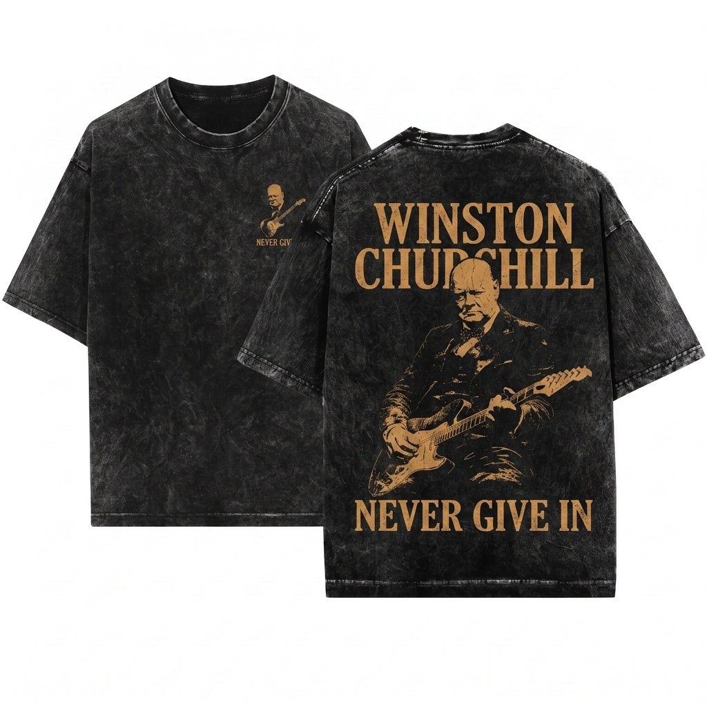 Winston Churchill Playing Electric Guitar Vintage Rocker Humor Funny Historical Graphic Unisex Wash T-Shirt