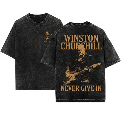 Winston Churchill Playing Electric Guitar Vintage Rocker Humor Funny Historical Graphic Unisex Wash T-Shirt