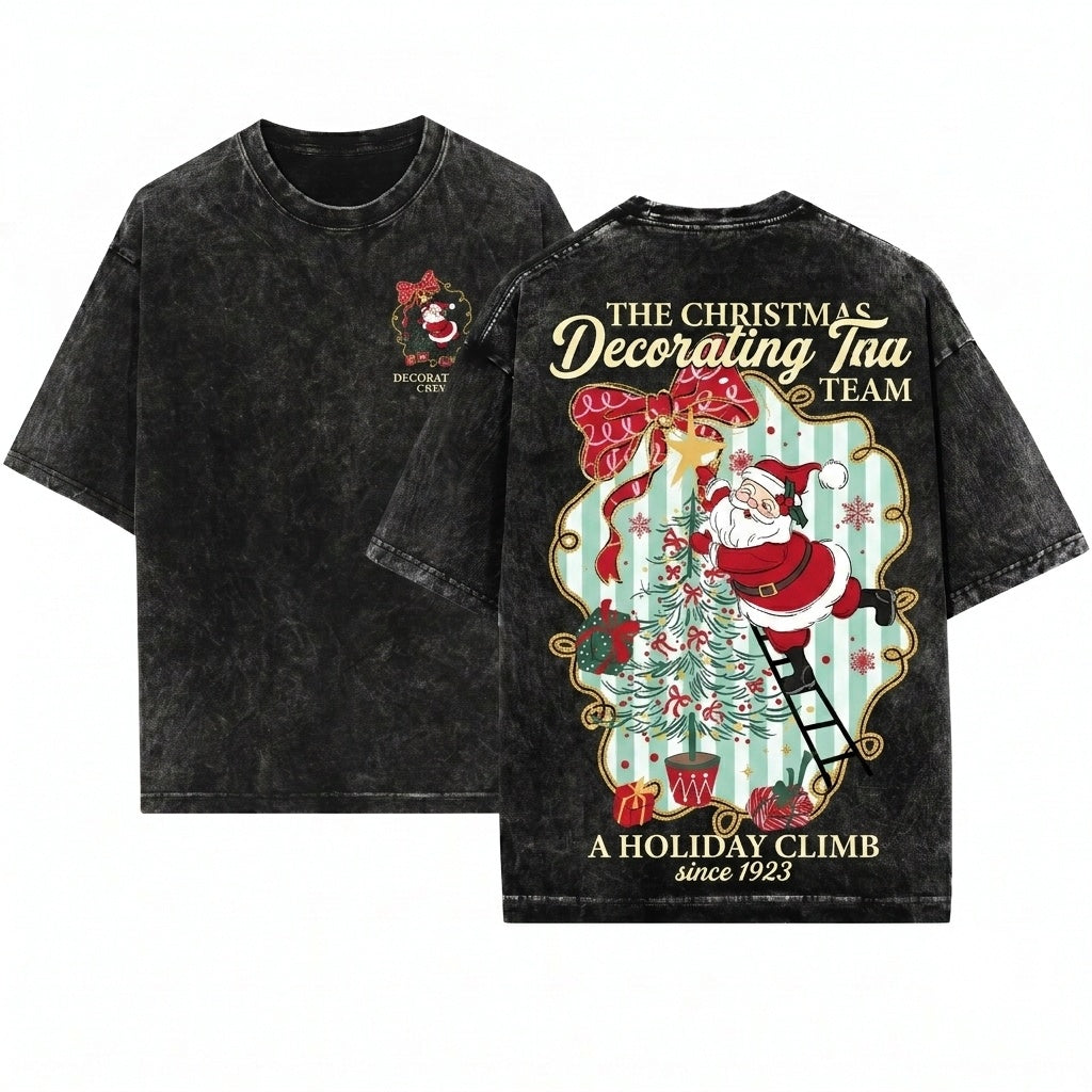 Brushstroke Oil Paint Vintage Coquette Aesthetic Xmas Doodles Santa Claus Festive Graphic Unisex Wash T-Shirt