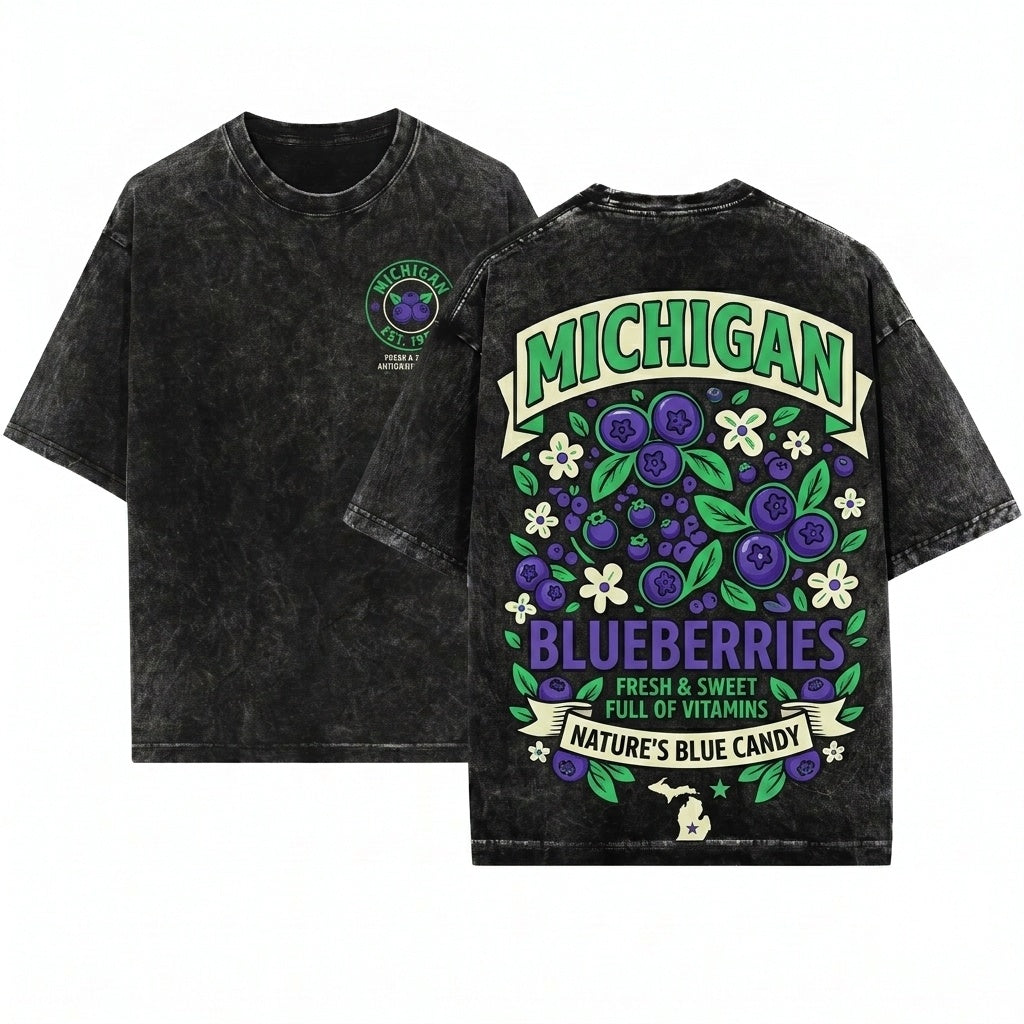 Michigan Summer Blueberries Graphic Apparel Unisex Wash T-Shirt