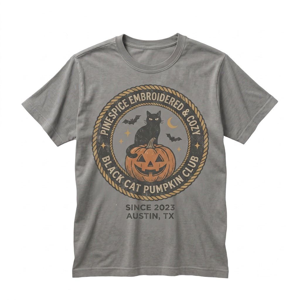 Cute Spooky Embroidered Black Cat Pumpkin Halloween Cotton Graphic Unisex TShirt