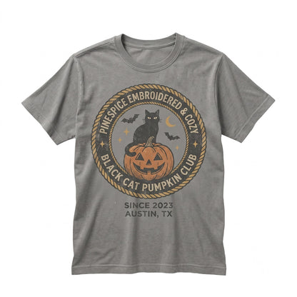 Cute Spooky Embroidered Black Cat Pumpkin Halloween Cotton Graphic Unisex TShirt
