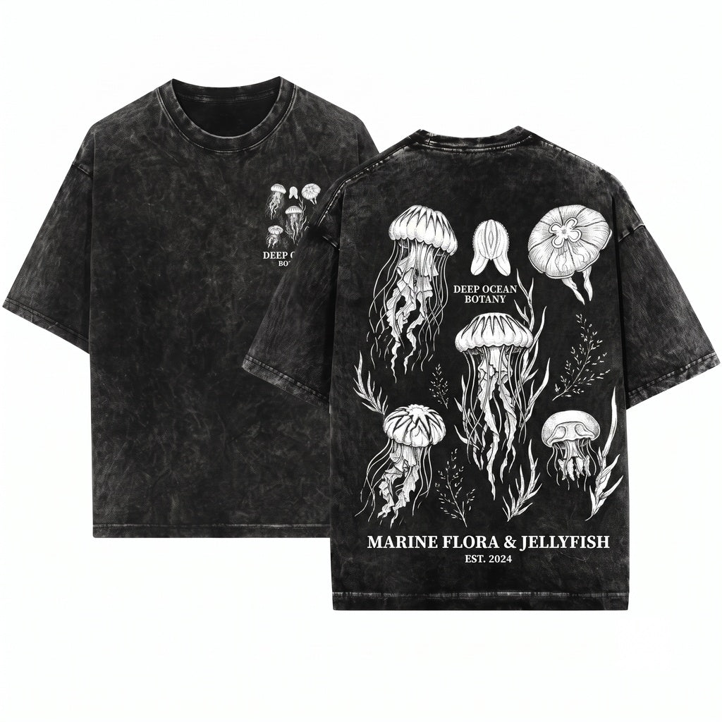 Retro Jellyfish Ocean Graphic Marine Life Sea Creature Minimal Underwater Nature Aesthetic Top Gift Unisex Wash T-Shirt