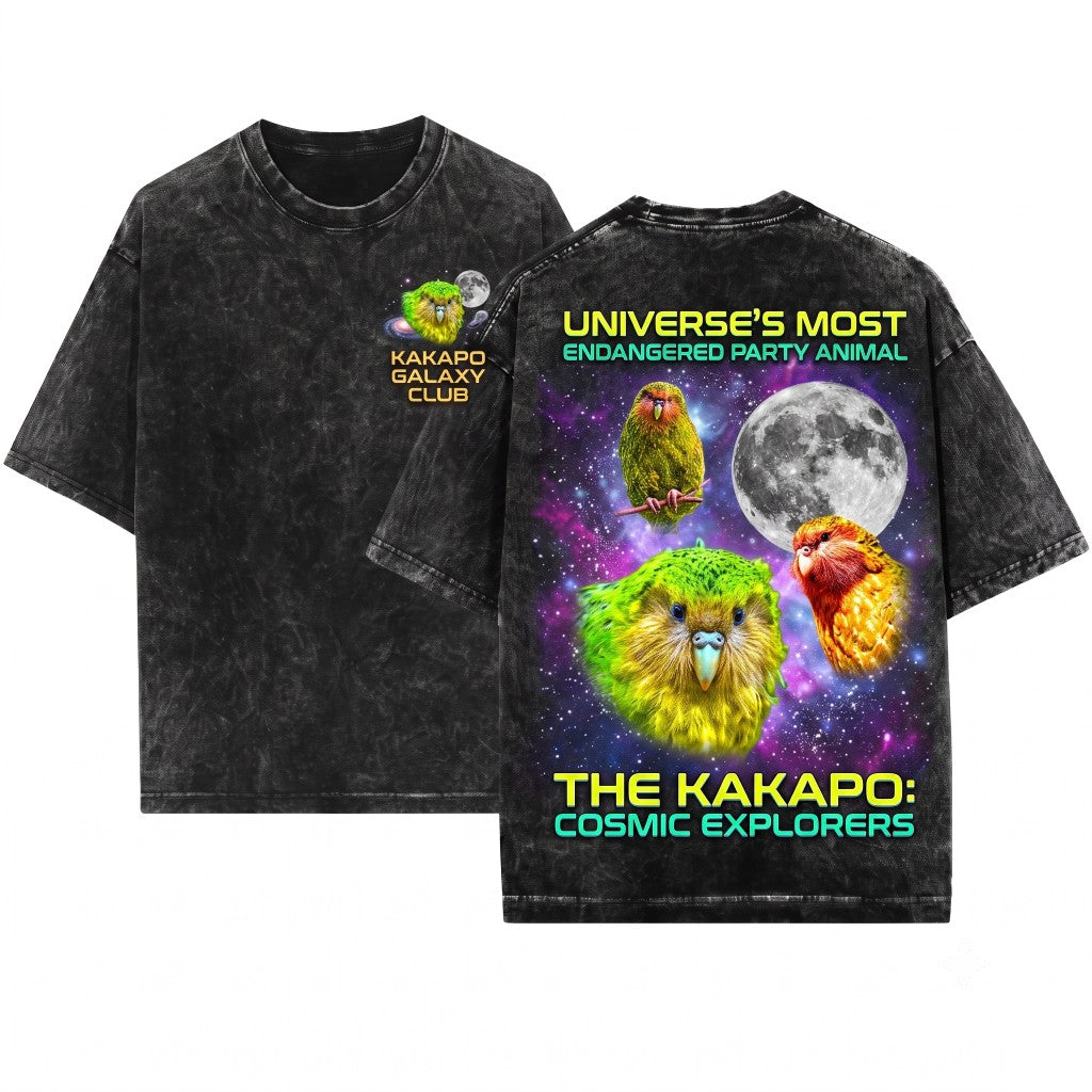 Vintage Three Kakapo Moon Graphic Funny Parrots Lovers Silly Gift Oversized Unisex Wash T-Shirt