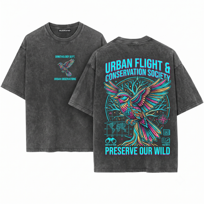 Ink Splatter Flying Bird Graphic Tee Graceful Songbird in Flight Apparel Tattoo Style Nature Art Gift Unisex Heavyweight Garment-Dyed T-Shirt