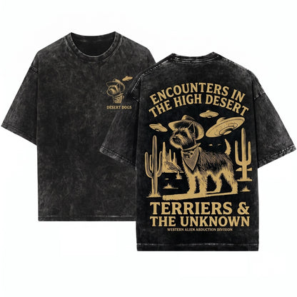 Vintage Earthdog Cairn UFO Retro Alien Western Cowboy Pet Present Unisex Wash T-Shirt