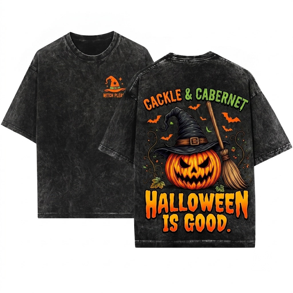 Scary Witch Broom Pumpkin Halloween Vintage Jack O Lantern Spooky Season Unisex Wash T-Shirt